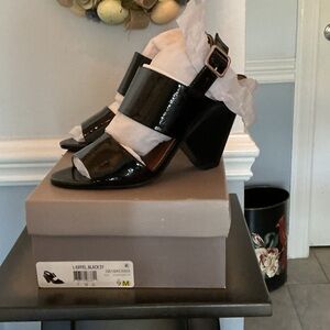 FrancoSarto Patent Black Block Heel Sandals with Buckle Strap - Women
